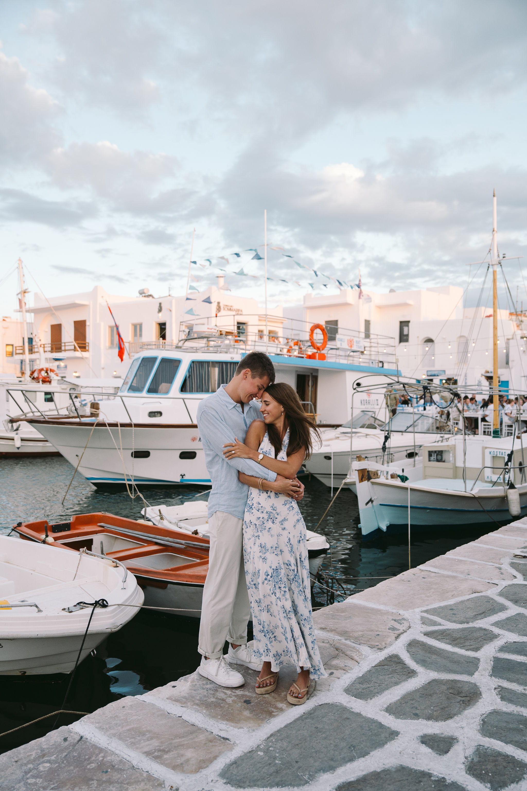 Romantic couple portrait during sunset in Paros
