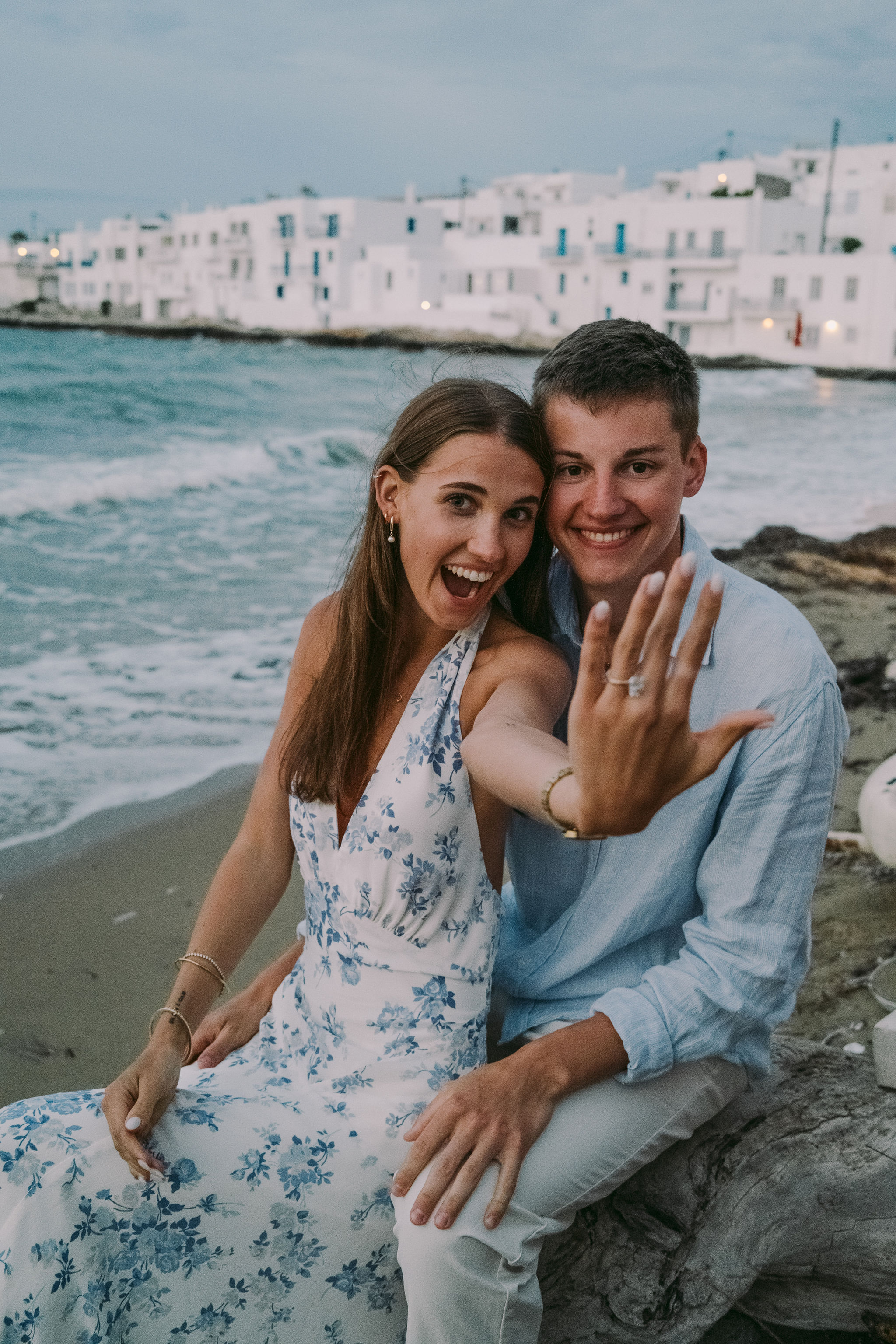 Newly engaged couple enjoying the evening in Paros