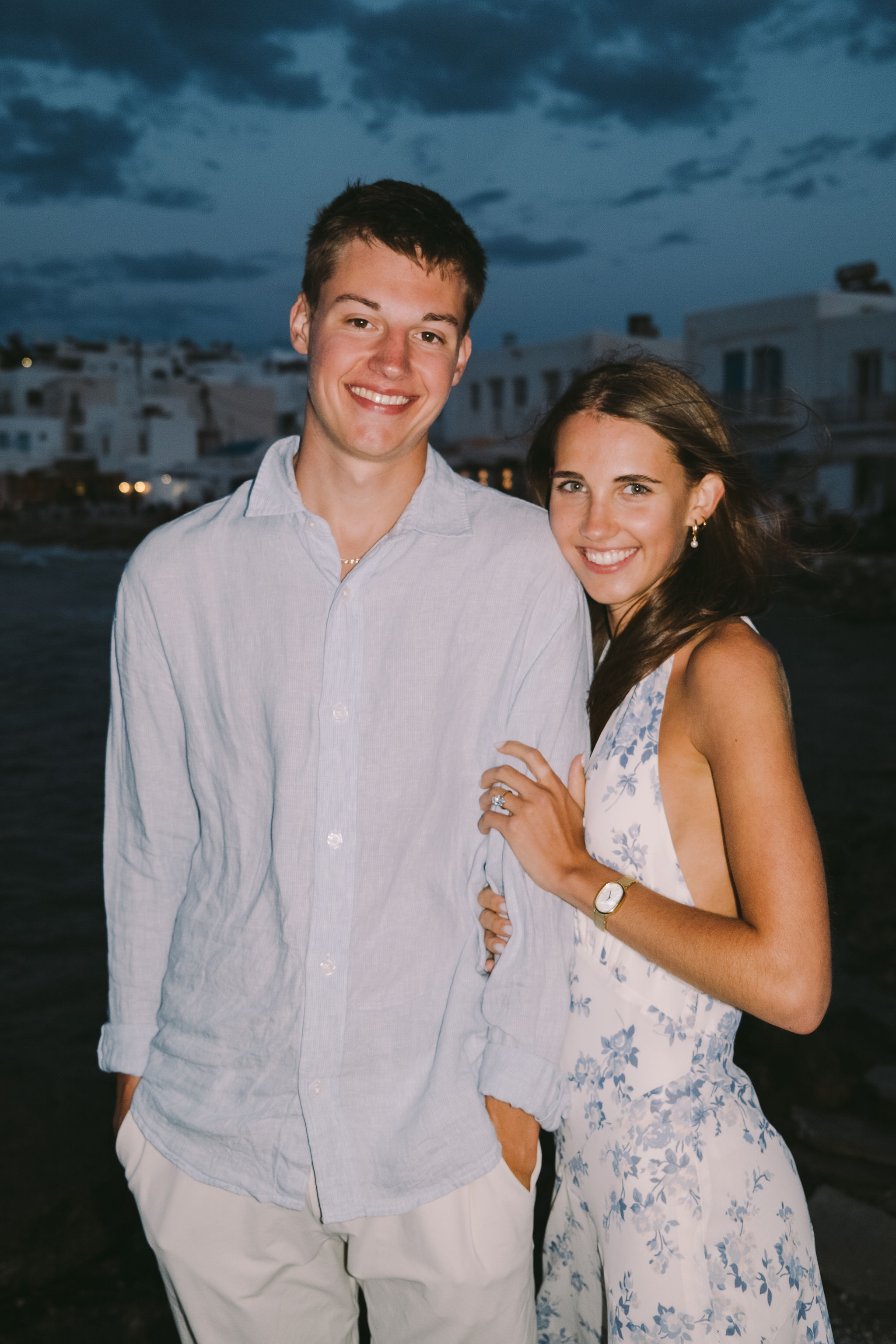 Newly engaged couple enjoying the evening in Paros
