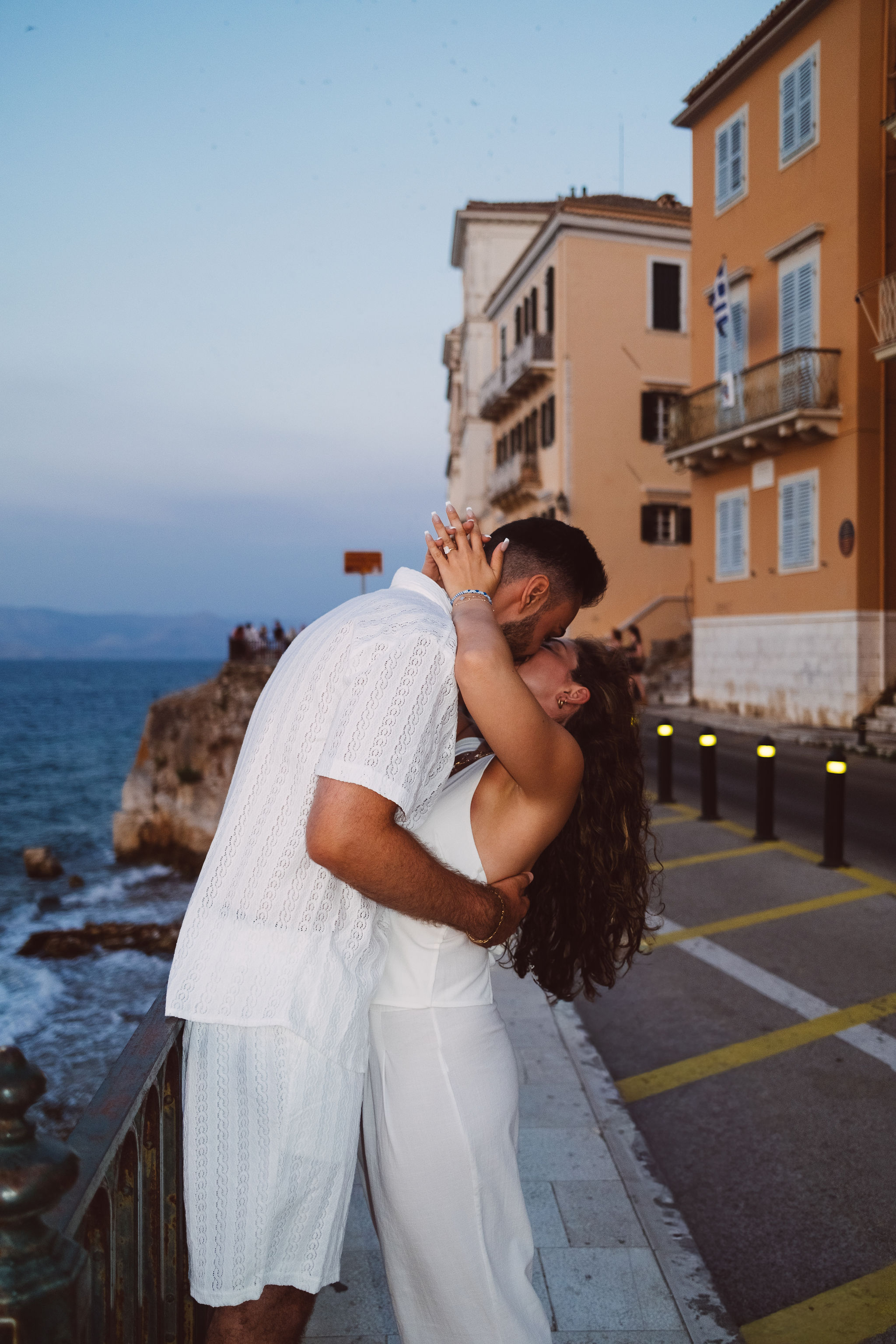 Romantic couple portrait during sunset in Corfu