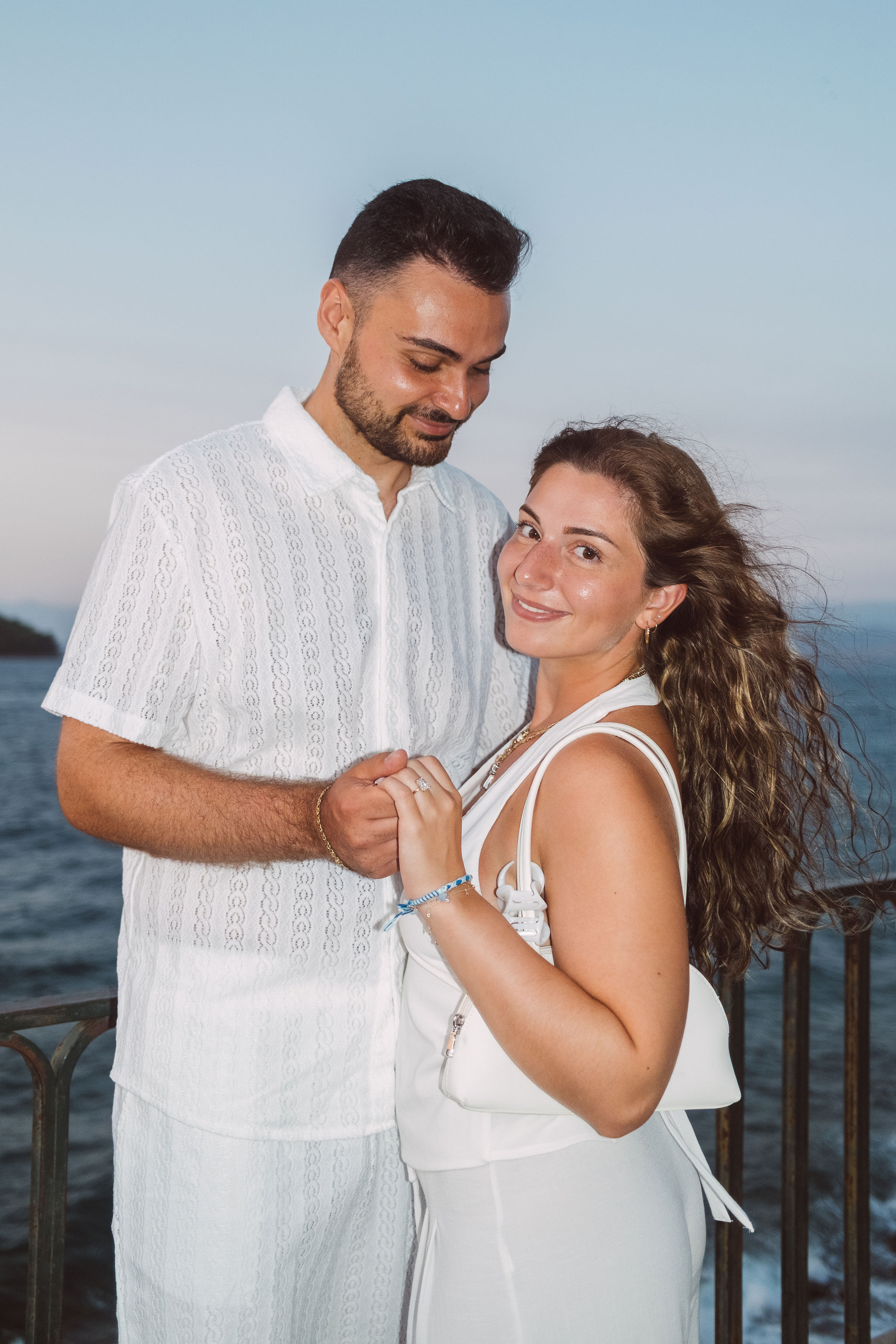 Romantic couple portrait during sunset in Corfu